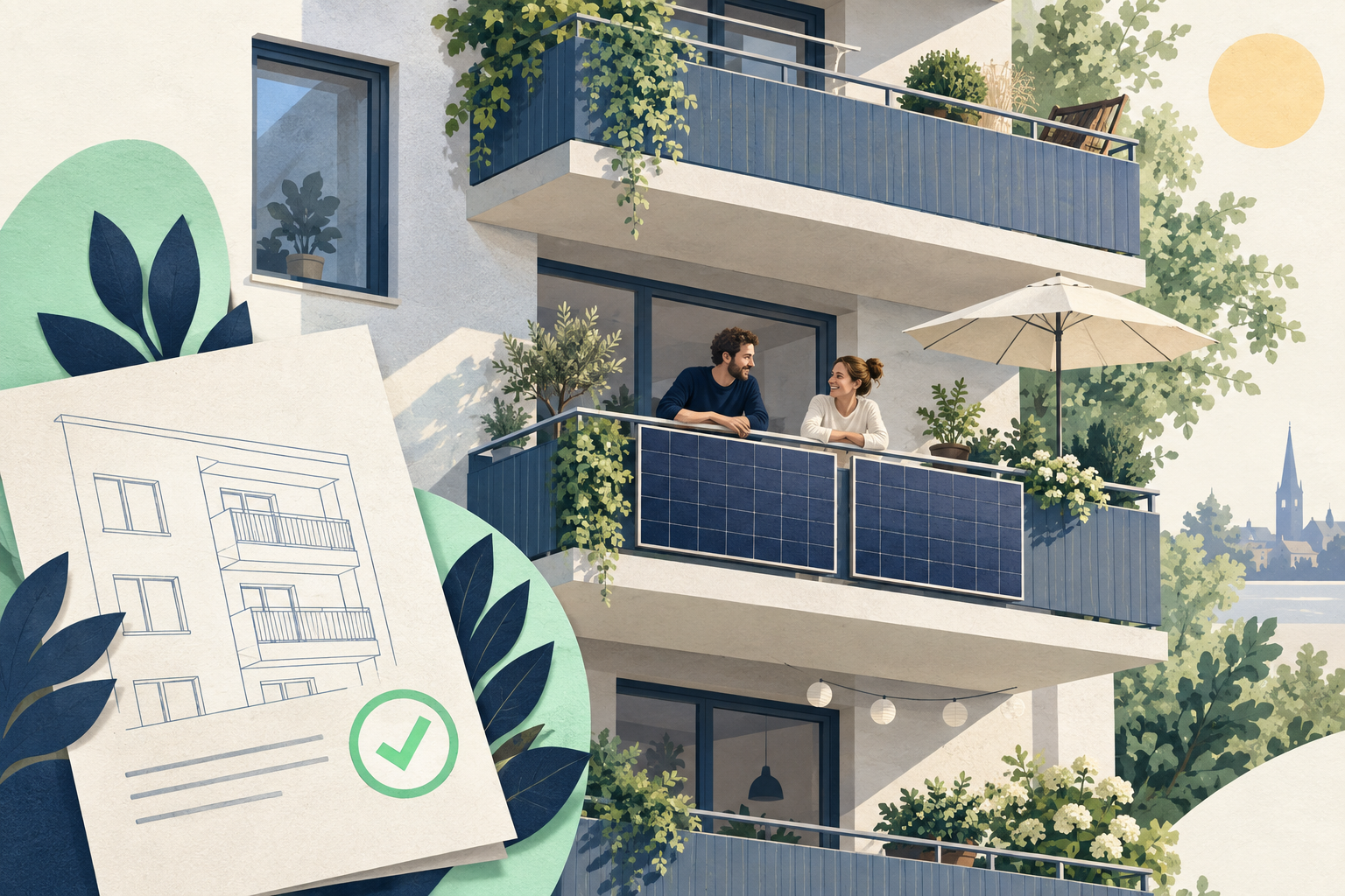 Illustration eines Balkons mit zwei Solarmodulen und einem Plan zur Abstimmung in der Eigentümergemeinschaft.