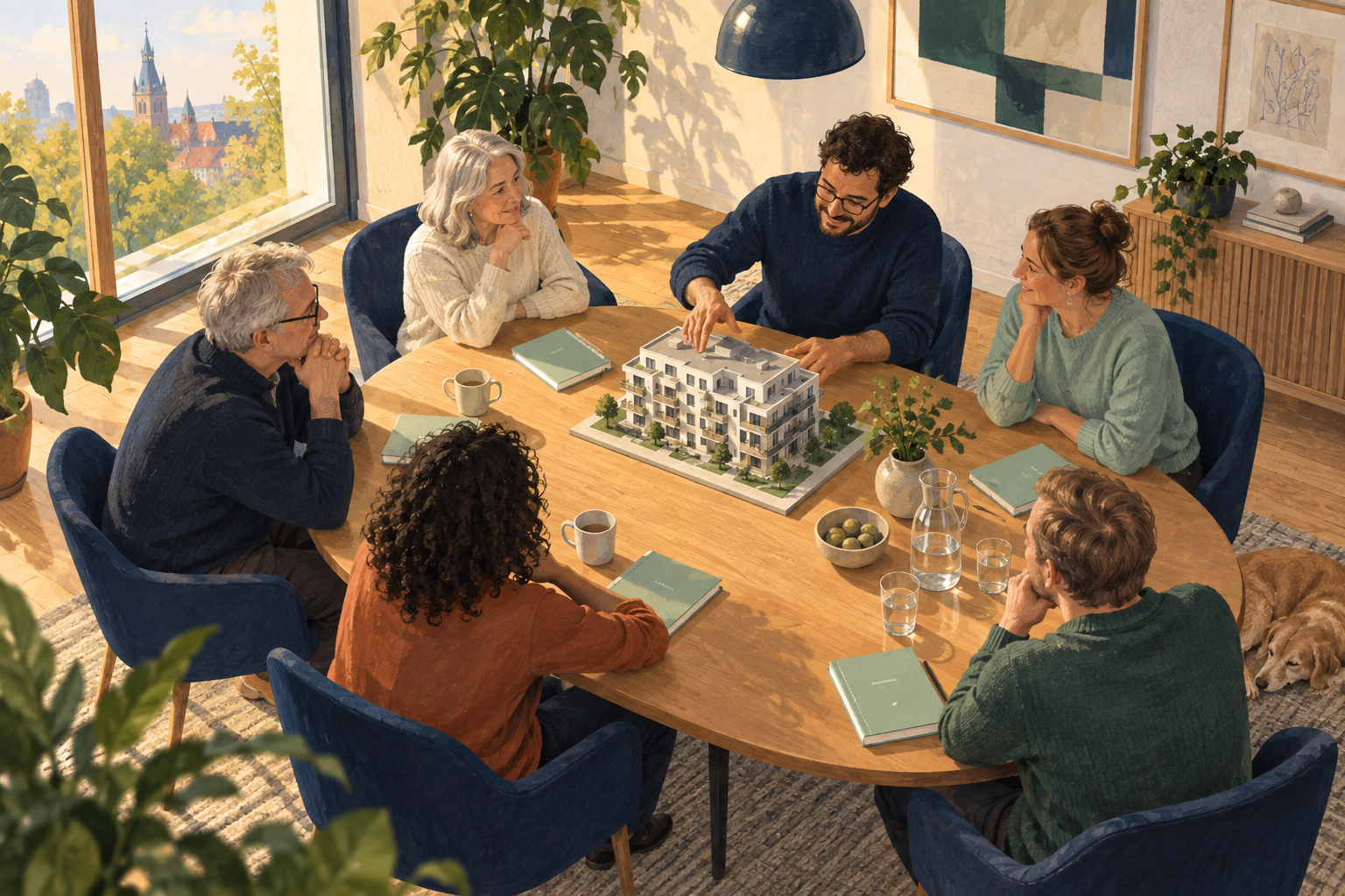 Illustration: Eigentümerinnen und Eigentümer beraten an einem Tisch über ein Hausmodell.