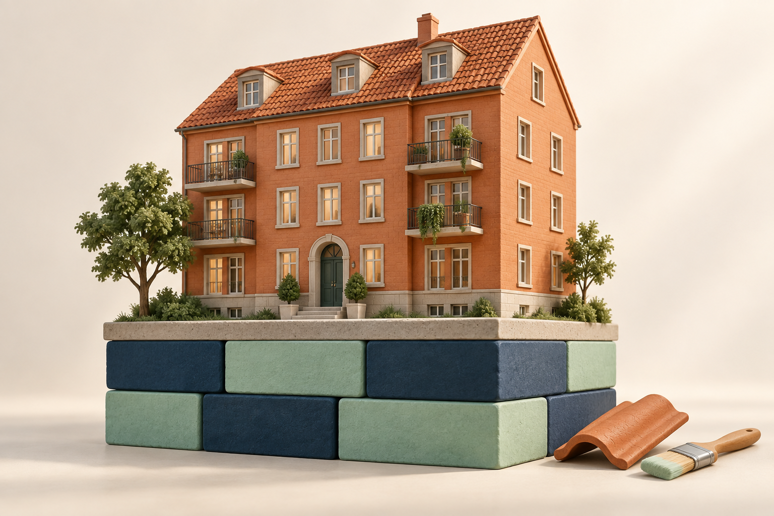 Illustration: Wohnhausmodell auf einer stabilen Basis aus Rücklage-Bausteinen mit Material für Instandhaltung.