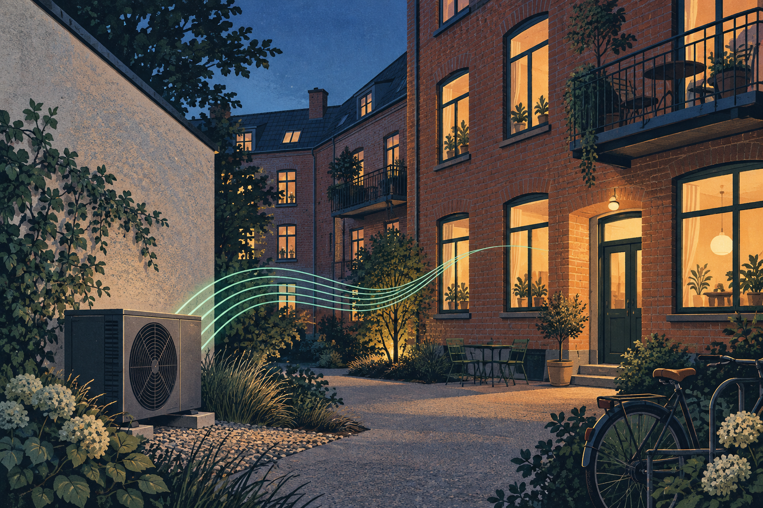 Illustration: Wärmepumpe im Hof eines Mehrfamilienhauses mit beleuchteten Fenstern.
