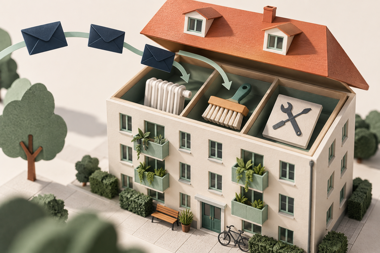 Illustration: Gemeinschaftliche Hauskosten, dargestellt durch Heizung, Reinigung und Instandhaltung im Hausmodell.