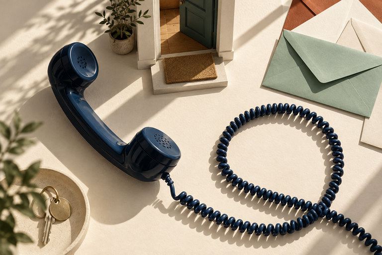 Illustration: Telefonhörer und unbeantwortete Briefe neben einer kleinen Haustür.