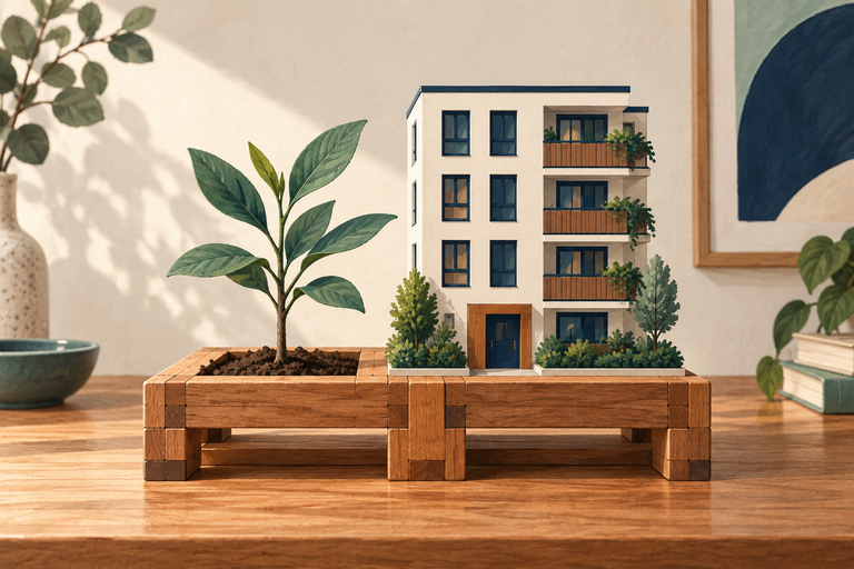 Illustration: Junge Pflanze und kleines Gebäudemodell auf einer stabilen gemeinsamen Holzstruktur.