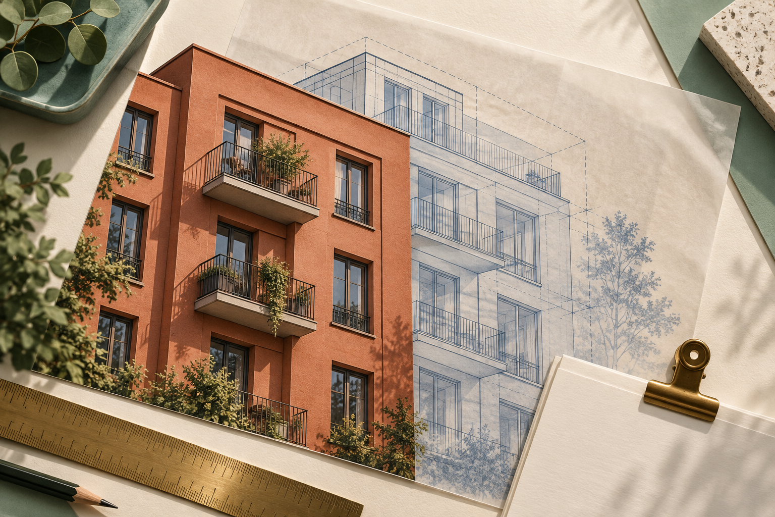 Illustration: Fertige Hausfassade und darüberliegende Entwurfszeichnung auf einem Arbeitstisch.