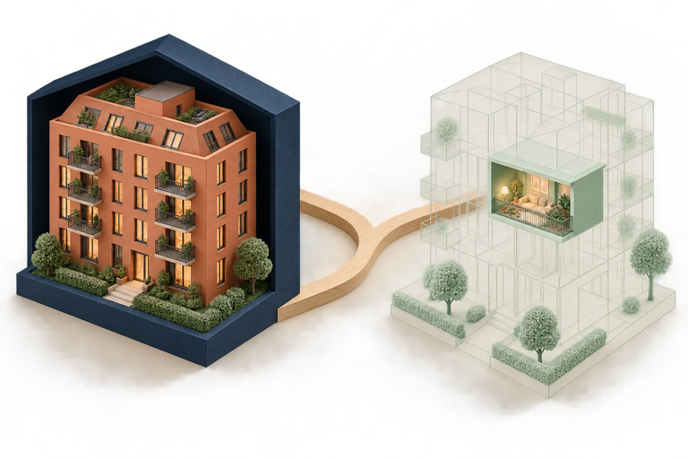 Illustration: Ganzes Mietshaus und einzelne hervorgehobene Wohnung als zwei Verwaltungsmodelle.