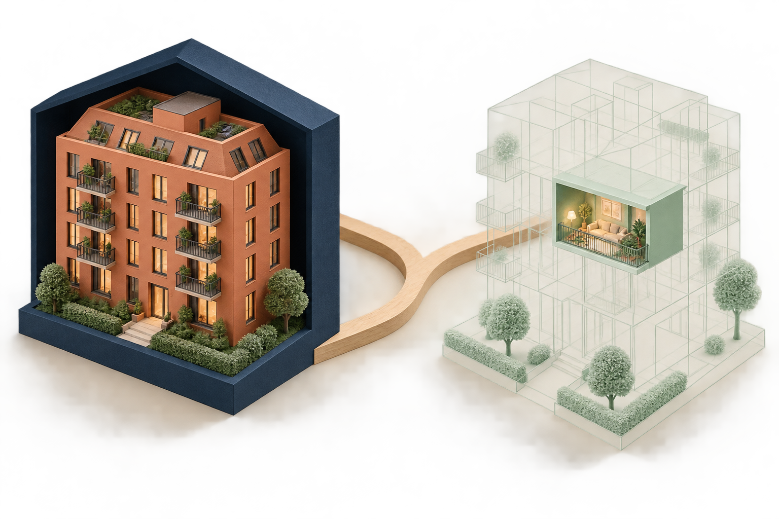 Illustration: Ganzes Mietshaus und einzelne hervorgehobene Wohnung als zwei Verwaltungsmodelle.