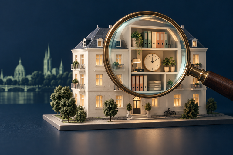 Illustration: Lupe über einem Hausmodell mit geordneten Unterlagen und einer Uhr.