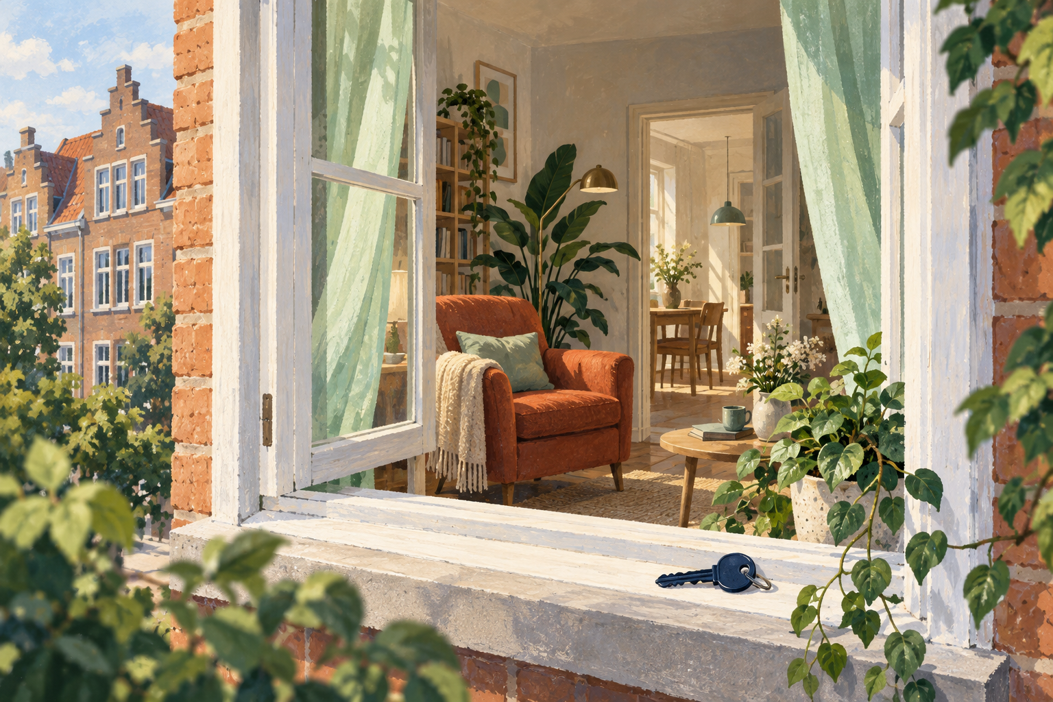 Illustration: Gepflegte Wohnung mit Sessel und Pflanze, durch ein geöffnetes Fenster betrachtet.