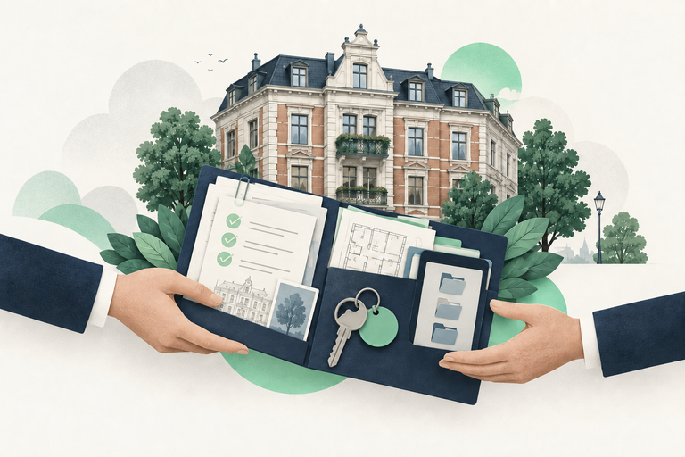 Illustration: Übergabe einer Dokumentenmappe mit Checkliste, Schlüssel und digitalen Unterlagen vor einem Mehrfamilienhaus.
