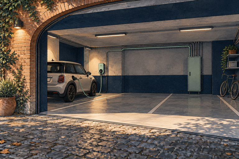 Illustration: Elektroauto an einer Wallbox in der gemeinschaftlichen Garage eines Mehrfamilienhauses.