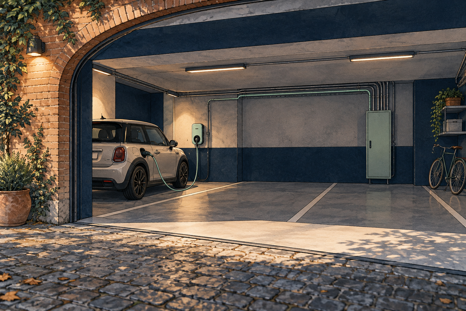 Illustration: Elektroauto an einer Wallbox in der gemeinschaftlichen Garage eines Mehrfamilienhauses.