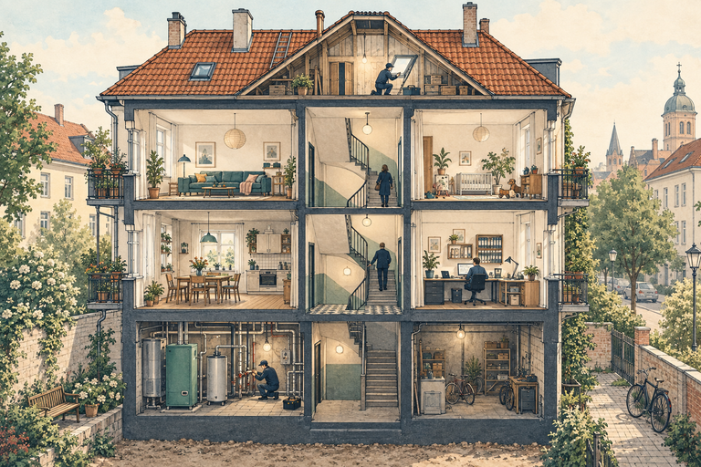 Illustration: Aufgeschnittenes Mehrfamilienhaus mit Haustechnik, Treppenhaus und Verwaltungsarbeitsplatz.