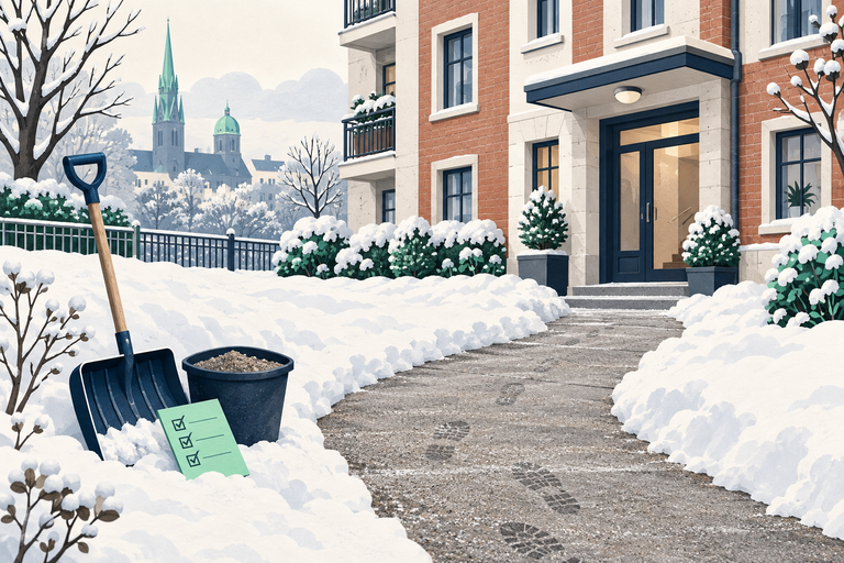 Illustration: geräumter und abgestreuter Zugang zu einem Mehrfamilienhaus mit Schneeschaufel und Streugut.