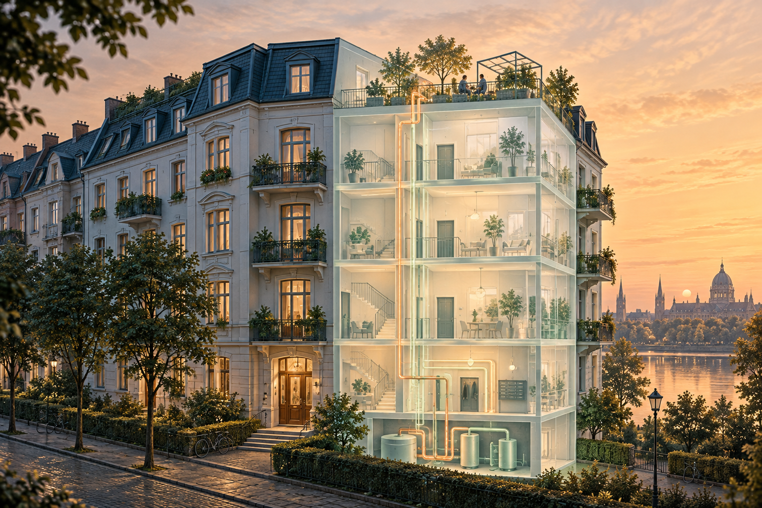 Illustration: Wohnhaus mit transparent dargestellten technischen Verbindungen und gemeinschaftlichem Dachgarten.